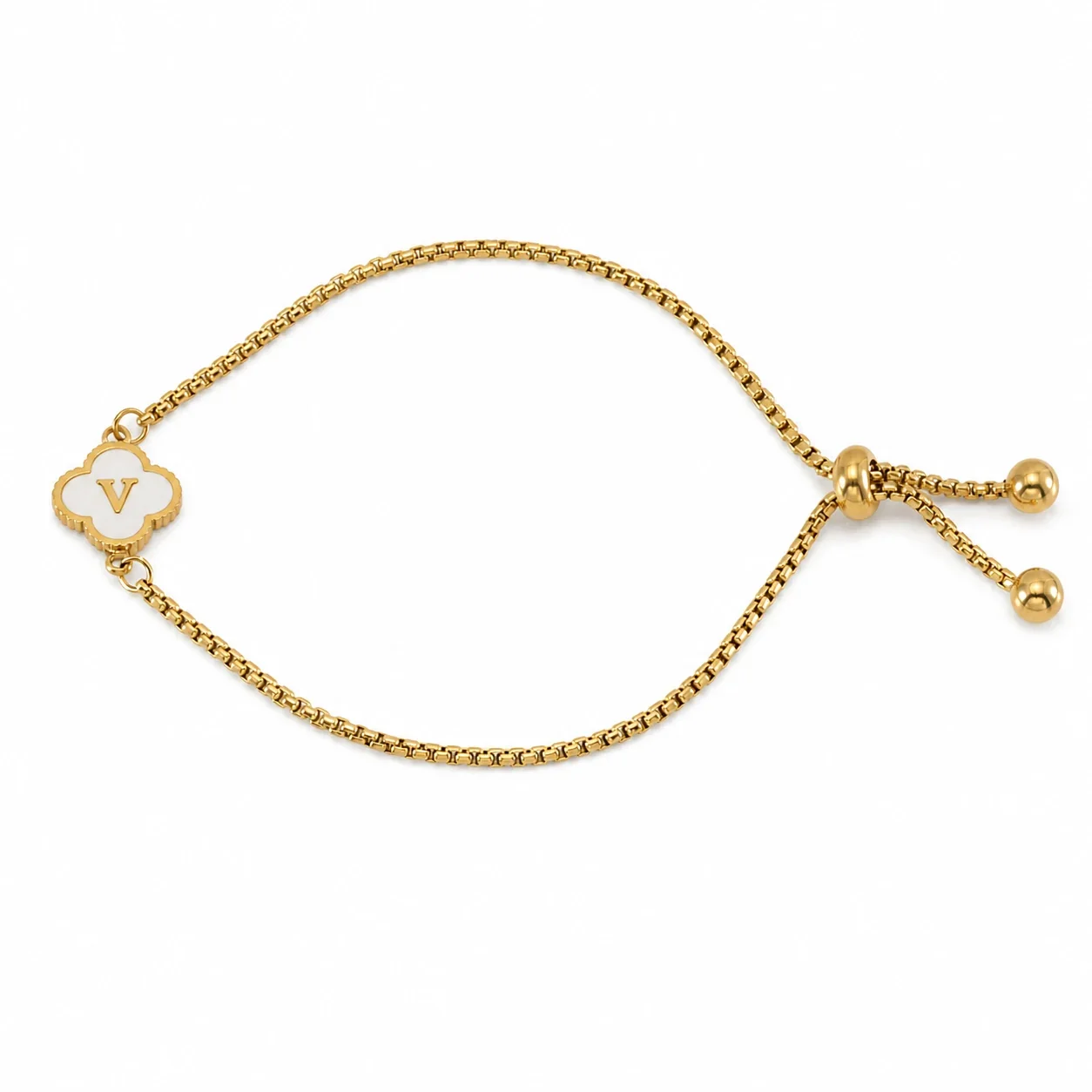 Refined Gold-Plated Stainless Steel Clover Initial Box Chain Bracelet - Initial V