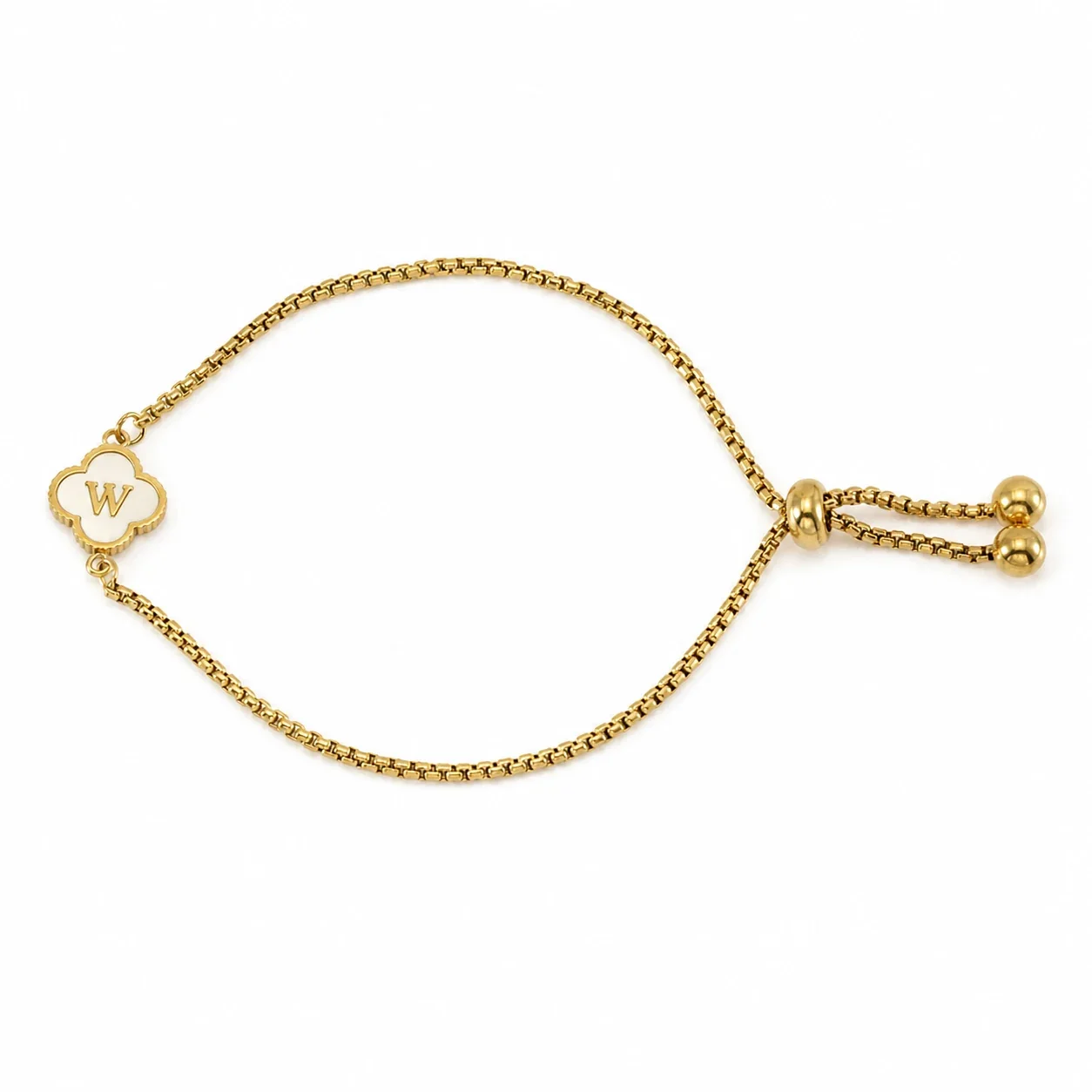 Refined Gold-Plated Stainless Steel Clover Initial Box Chain Bracelet - Initial W