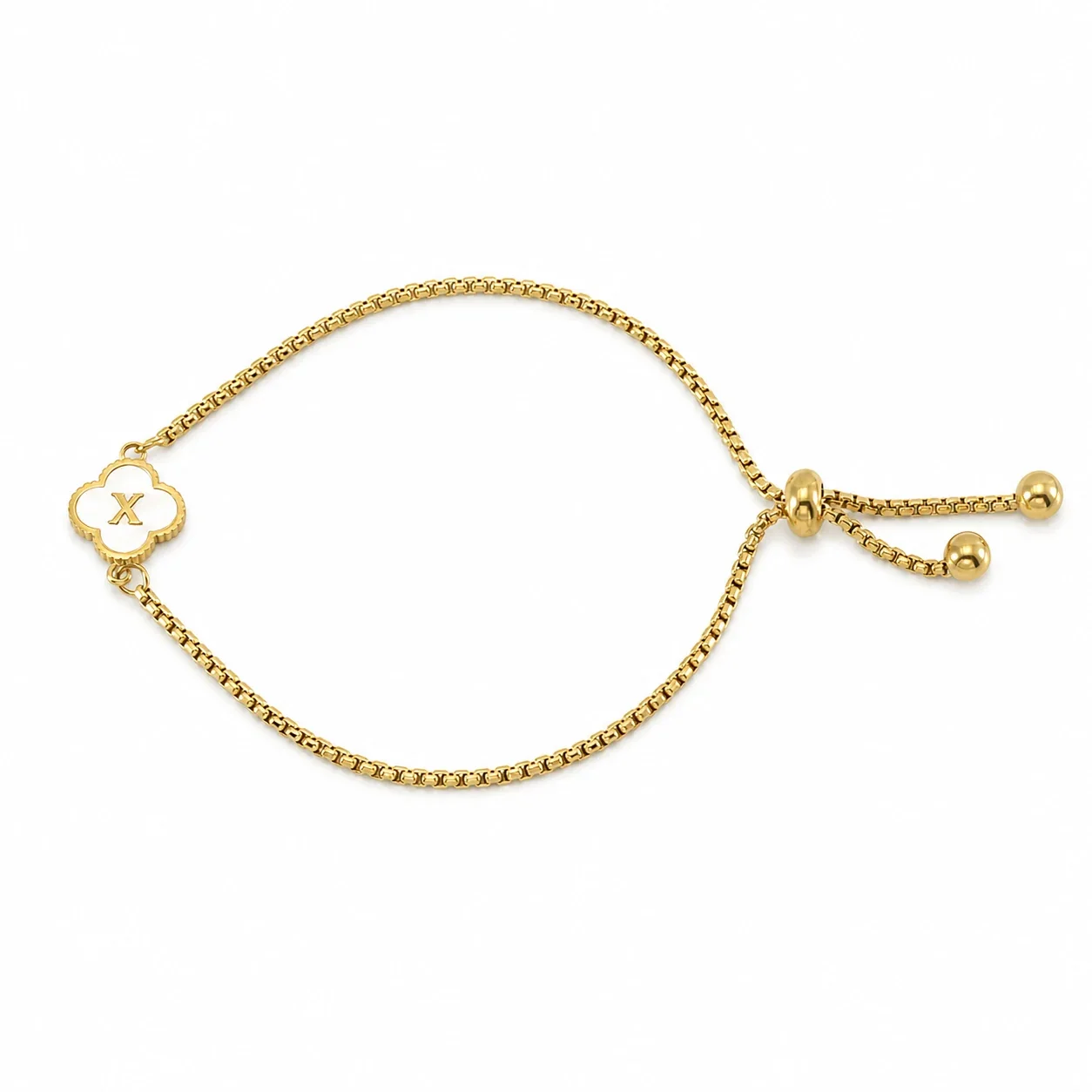 Refined Gold-Plated Stainless Steel Clover Initial Box Chain Bracelet - Initial X