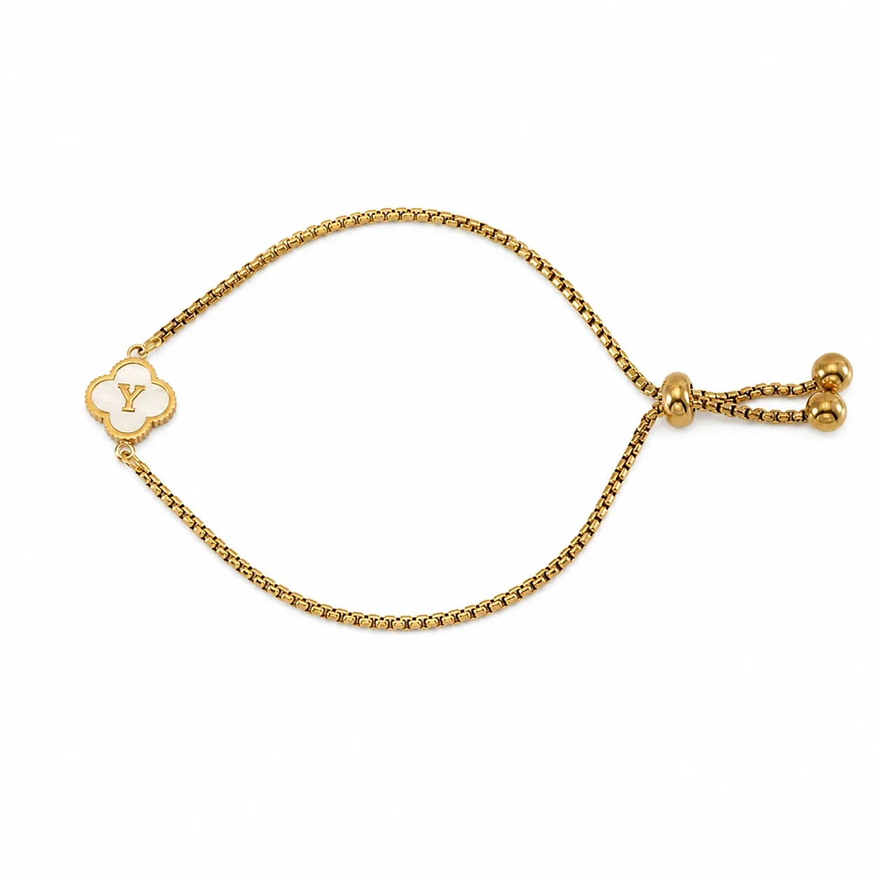 Refined Gold-Plated Stainless Steel Clover Initial Box Chain Bracelet - Initial Y