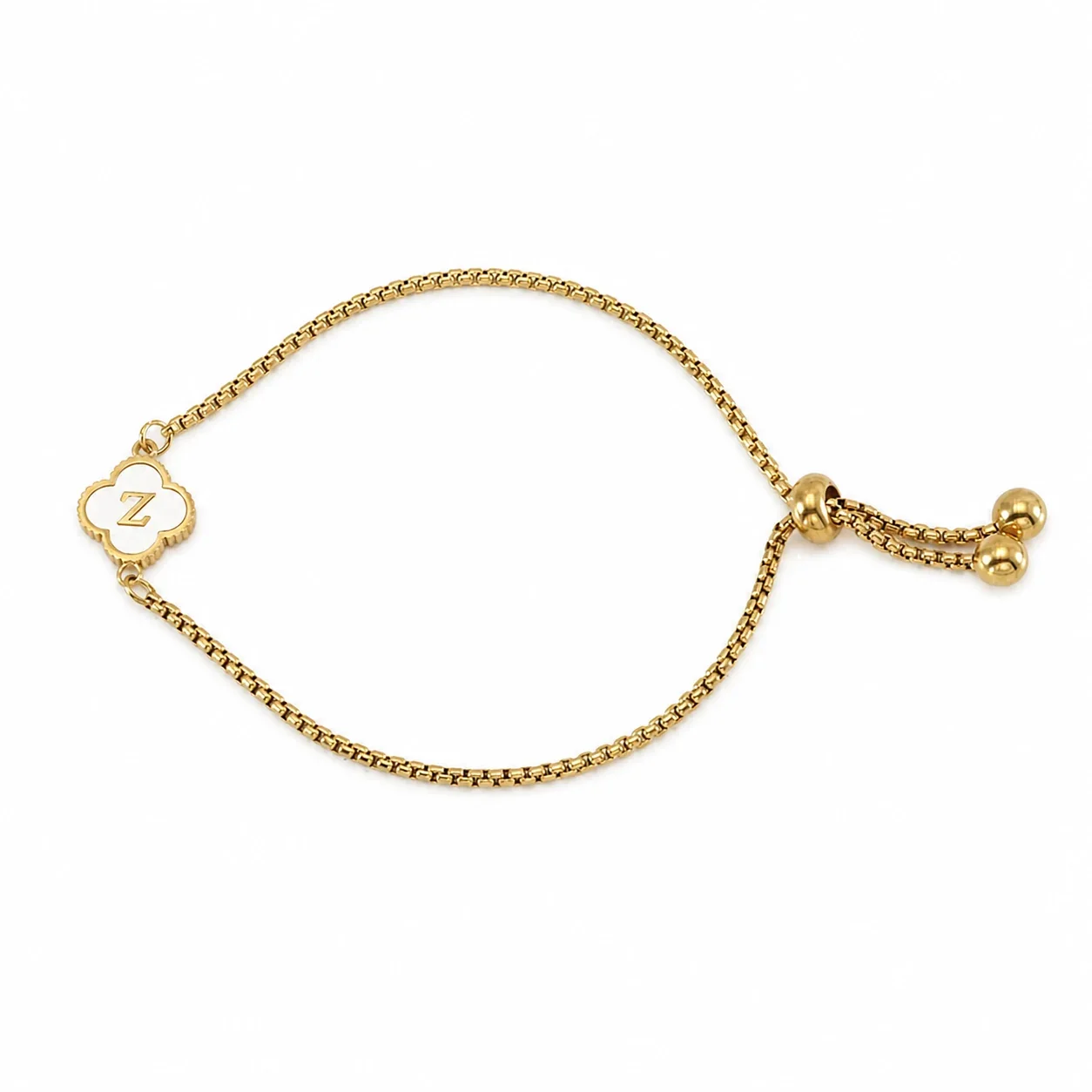 Refined Gold-Plated Stainless Steel Clover Initial Box Chain Bracelet - Initial Z