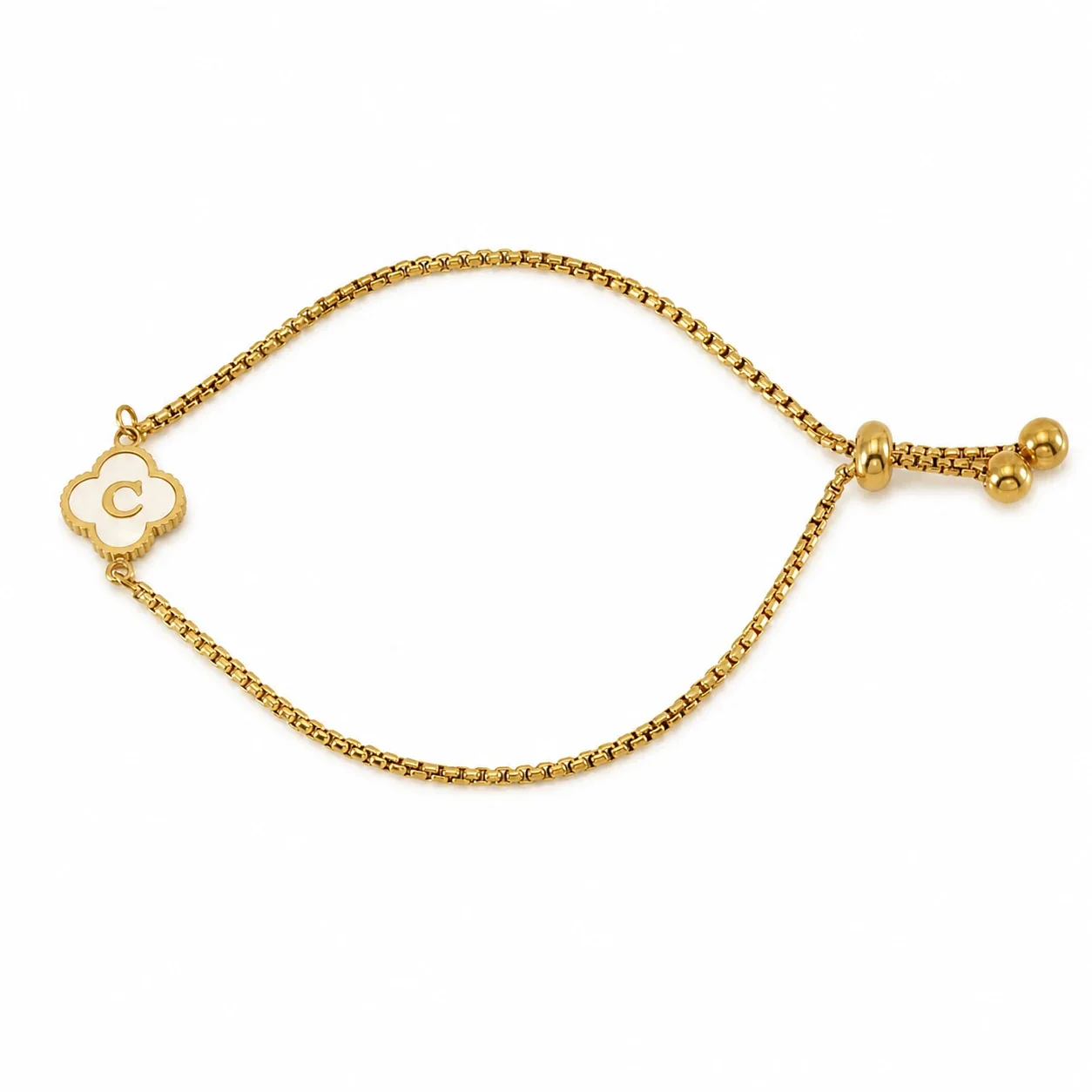 Refined Gold-Plated Stainless Steel Clover Initial Box Chain Bracelet - Initial C