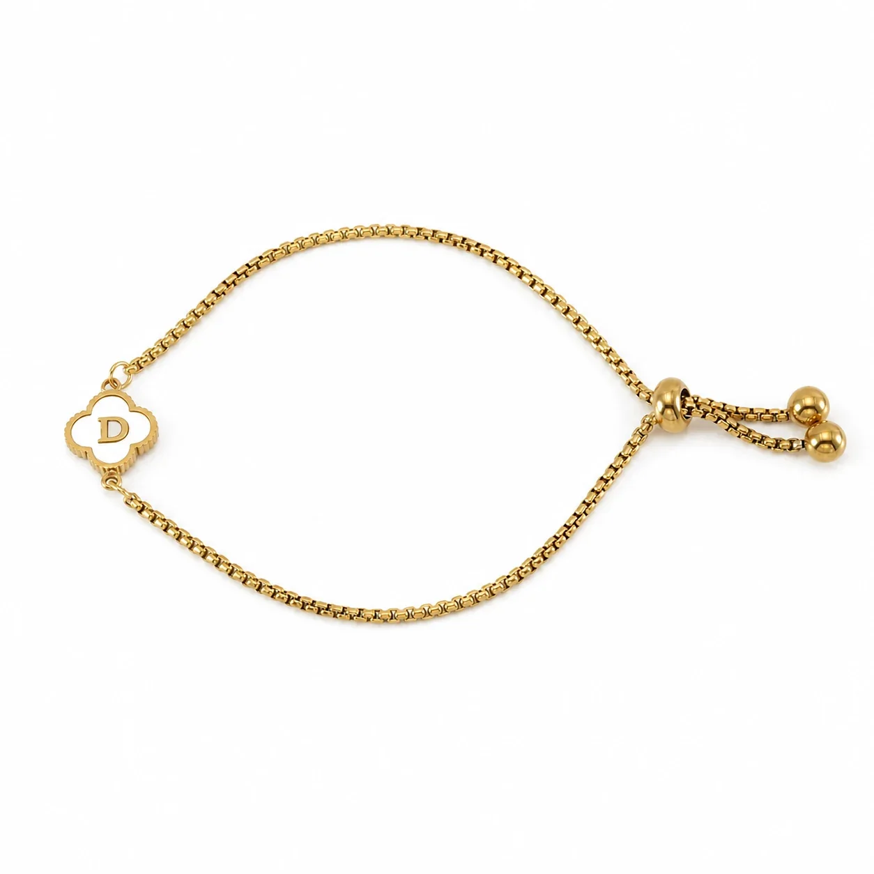 Refined Gold-Plated Stainless Steel Clover Initial Box Chain Bracelet - Initial D