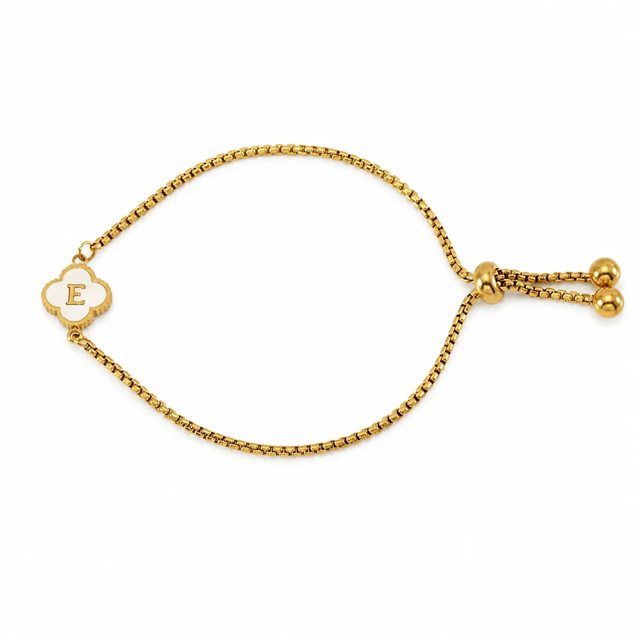 Refined Gold-Plated Stainless Steel Clover Initial Box Chain Bracelet - Initial E