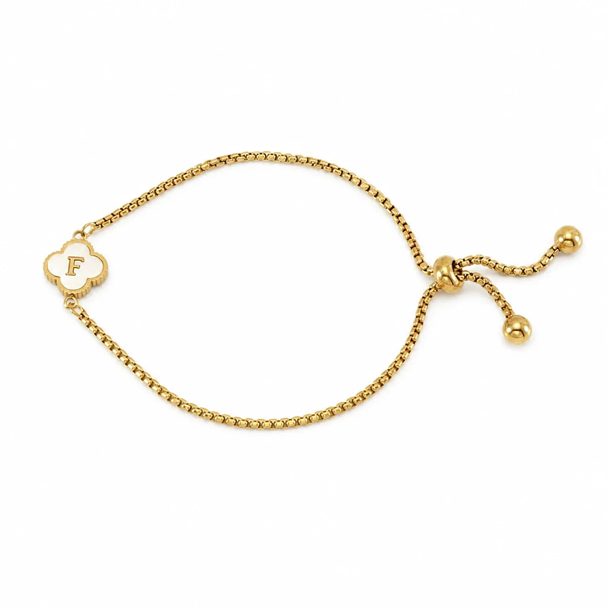 Refined Gold-Plated Stainless Steel Clover Initial Box Chain Bracelet - Initial F