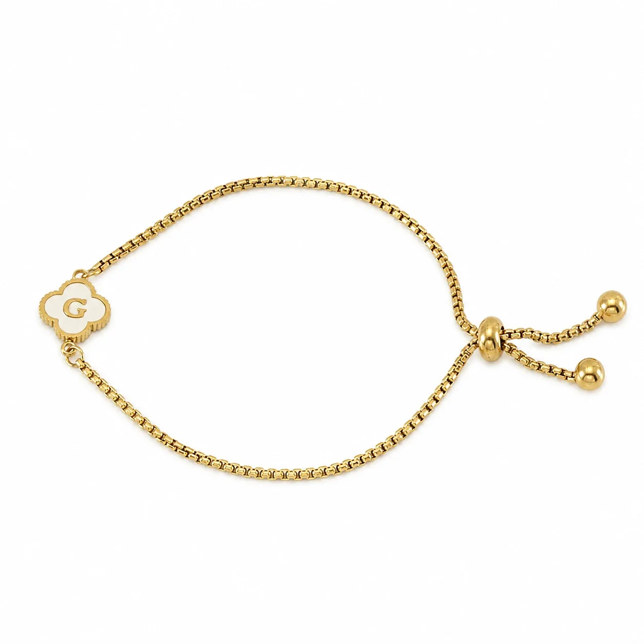 Refined Gold-Plated Stainless Steel Clover Initial Box Chain Bracelet - Initial G