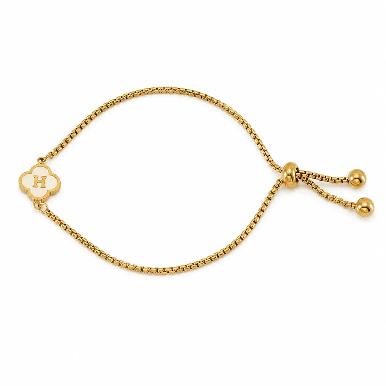 Refined Gold-Plated Stainless Steel Clover Initial Box Chain Bracelet - Initial H