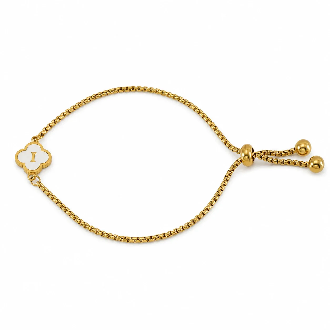 Refined Gold-Plated Stainless Steel Clover Initial Box Chain Bracelet - Initial I
