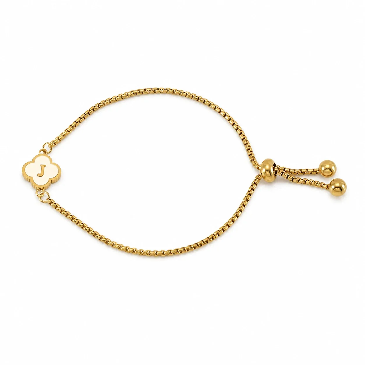 Refined Gold-Plated Stainless Steel Clover Initial Box Chain Bracelet - Initial J