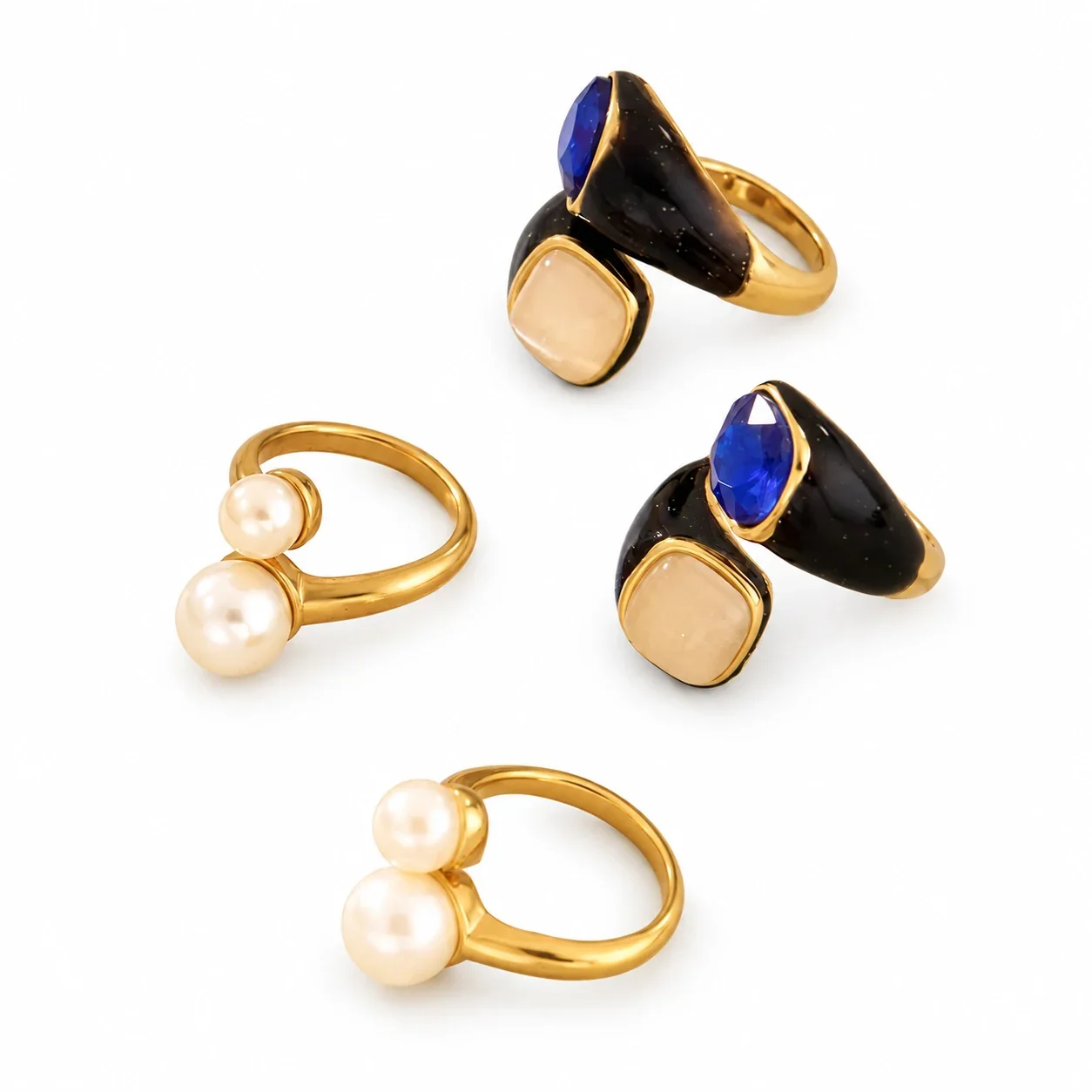 Pearl-Effect & Blue Crystal Ring, Stainless Steel 18K Gold PVD