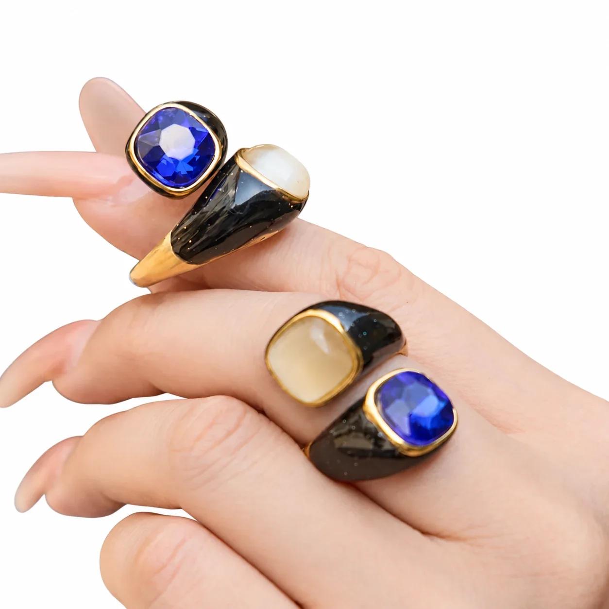 Pearl-Effect & Blue Crystal Ring, Stainless Steel 18K Gold PVD