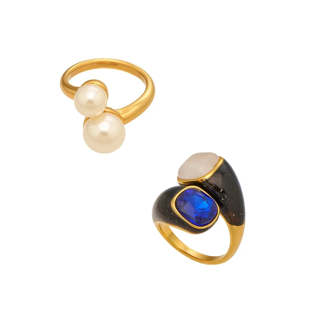 Pearl-Effect & Blue Crystal Ring, Stainless Steel 18K Gold PVD