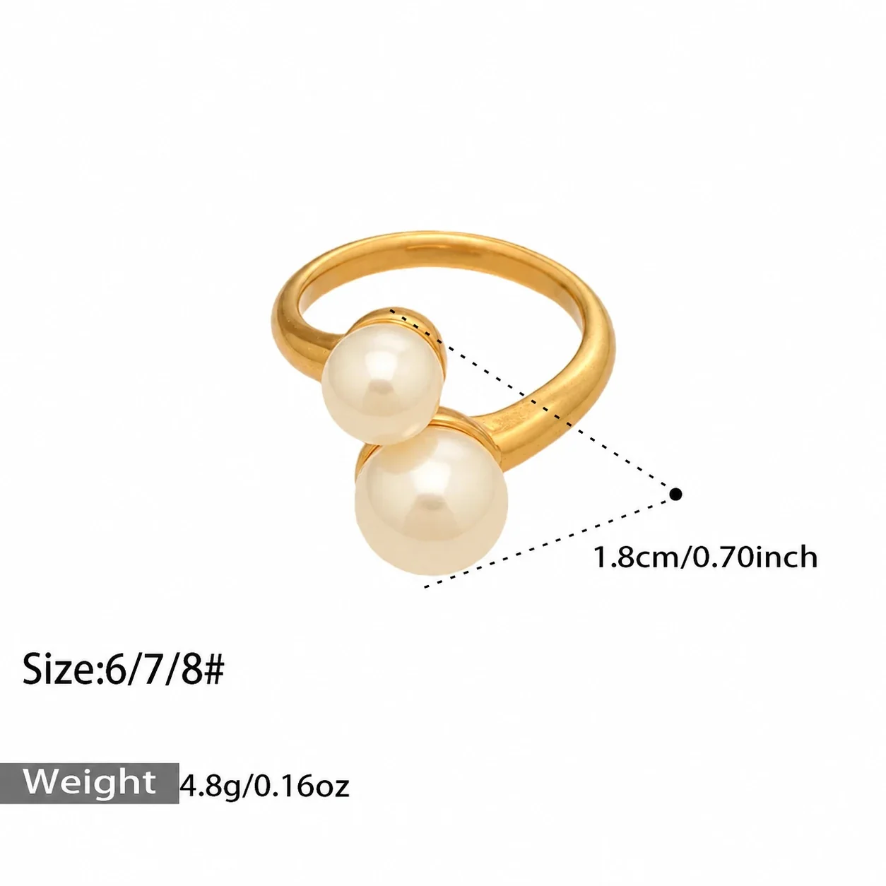 Pearl-Effect & Blue Crystal Ring, Stainless Steel 18K Gold PVD - Pearl-Effect Beads