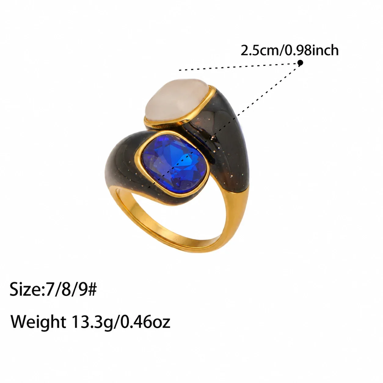 Pearl-Effect & Blue Crystal Ring, Stainless Steel 18K Gold PVD - Blue Crystal