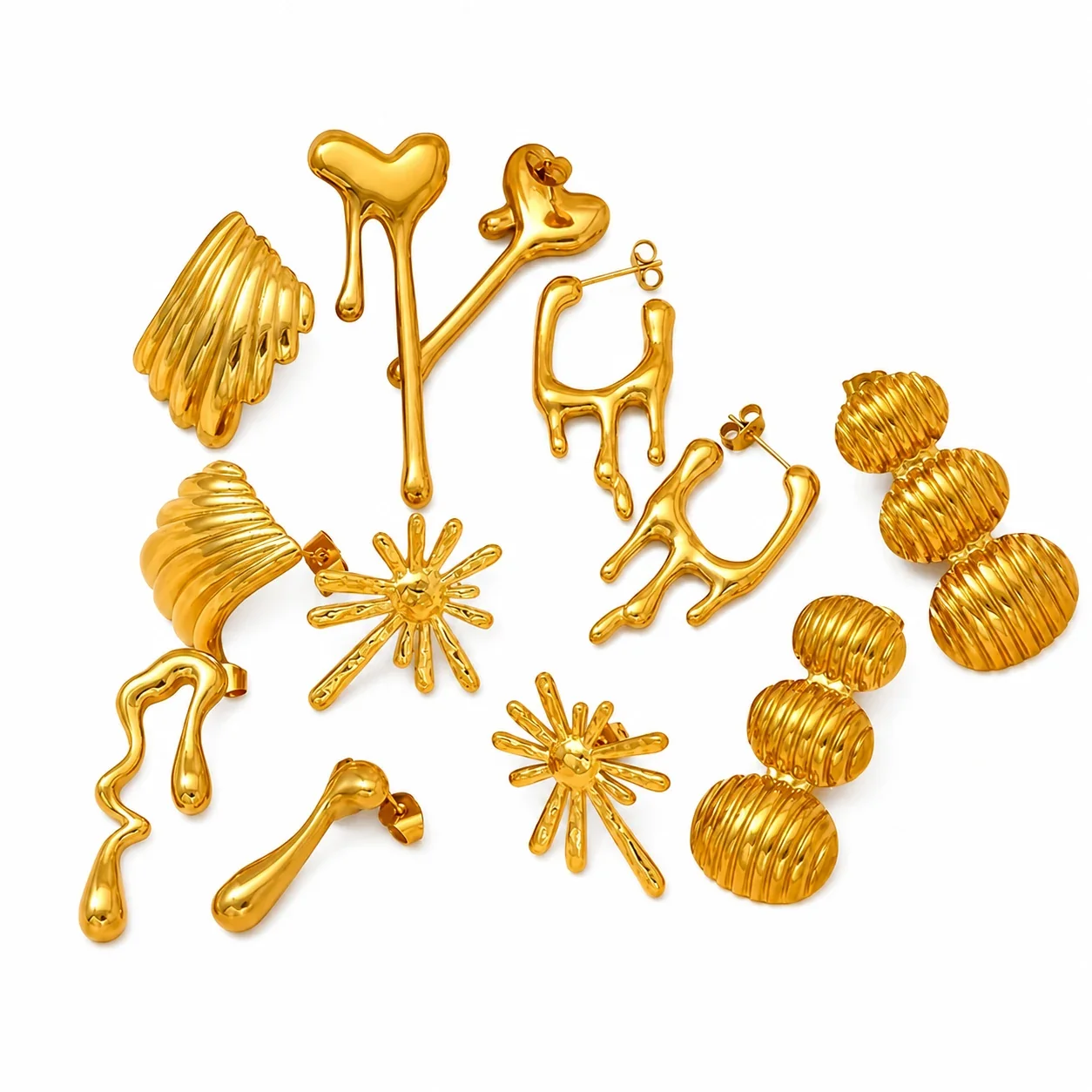 Sculptural Gold-Plated Stainless Steel Ribbed Fan Earrings