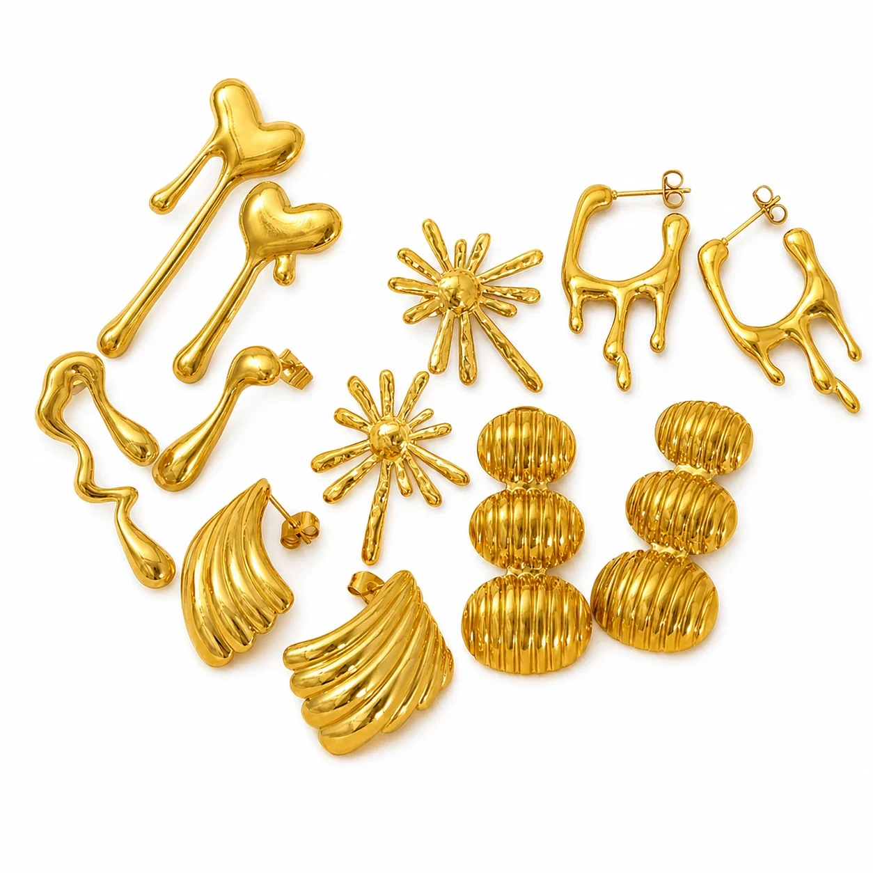 Sculptural Gold-Plated Stainless Steel Ribbed Fan Earrings