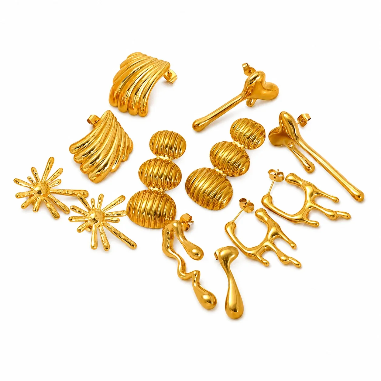 Sculptural Gold-Plated Stainless Steel Ribbed Fan Earrings
