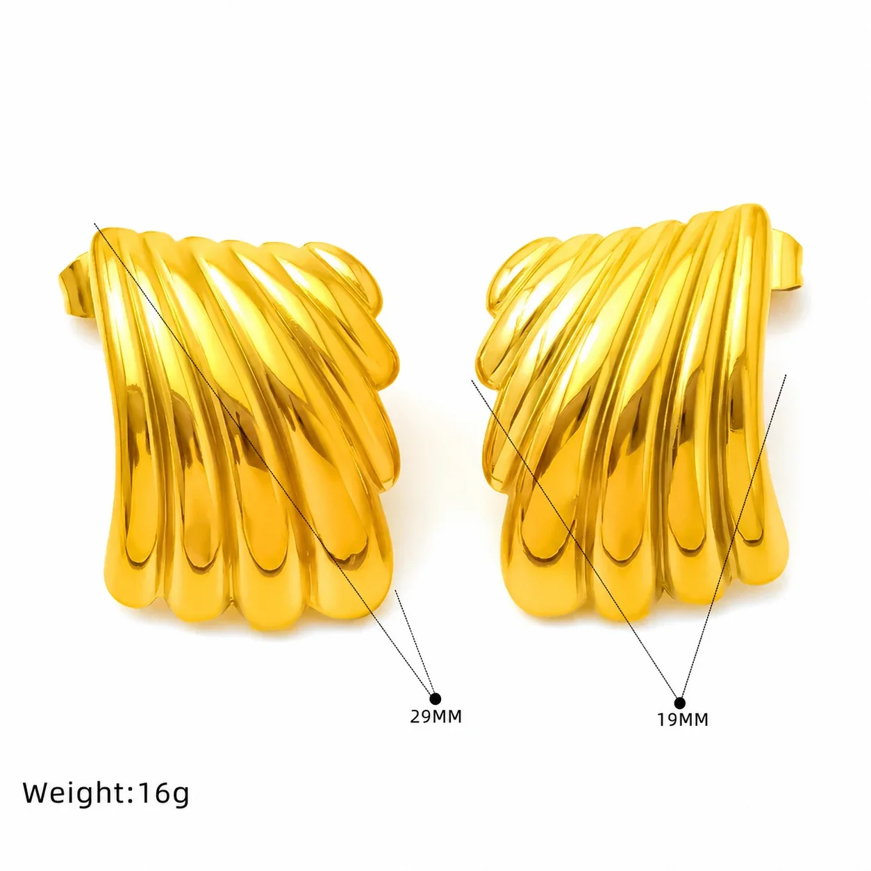 Sculptural Gold-Plated Stainless Steel Ribbed Fan Earrings