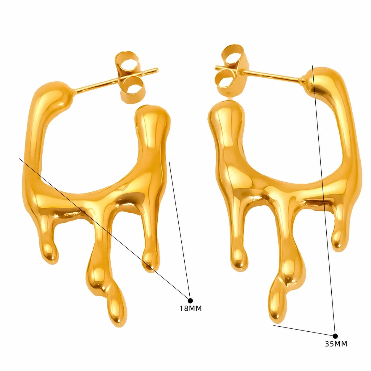 Sculptural Gold-Plated Stainless Steel Ribbed Fan Earrings - Gold Open Drip Hoop