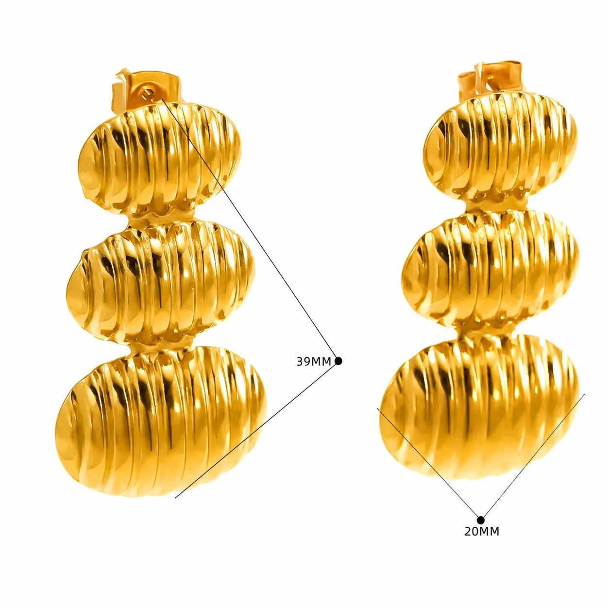 Sculptural Gold-Plated Stainless Steel Ribbed Fan Earrings - Gold Triple Disc Drop