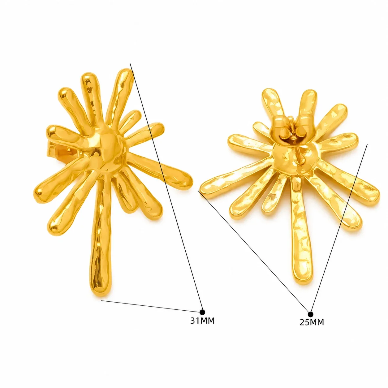 Sculptural Gold-Plated Stainless Steel Ribbed Fan Earrings - Gold Molten Drop
