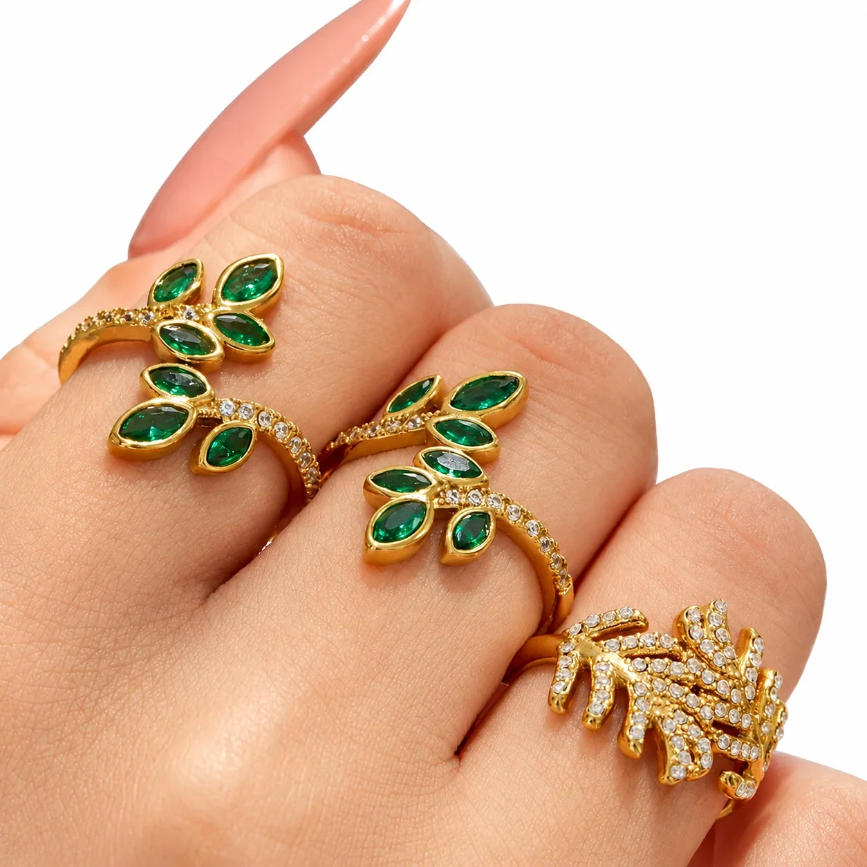 Leaf Open-Front CZ Ring in 18K Gold-Plated 316 Stainless Steel