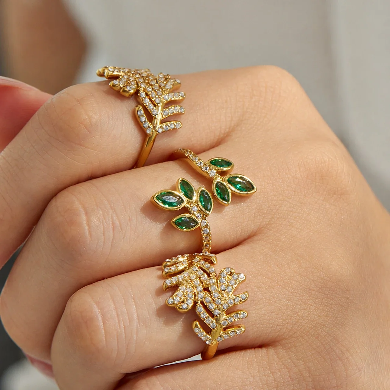 Leaf Open-Front CZ Ring in 18K Gold-Plated 316 Stainless Steel