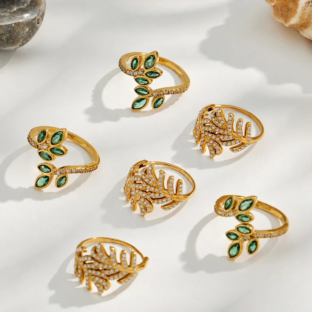 Leaf Open-Front CZ Ring in 18K Gold-Plated 316 Stainless Steel