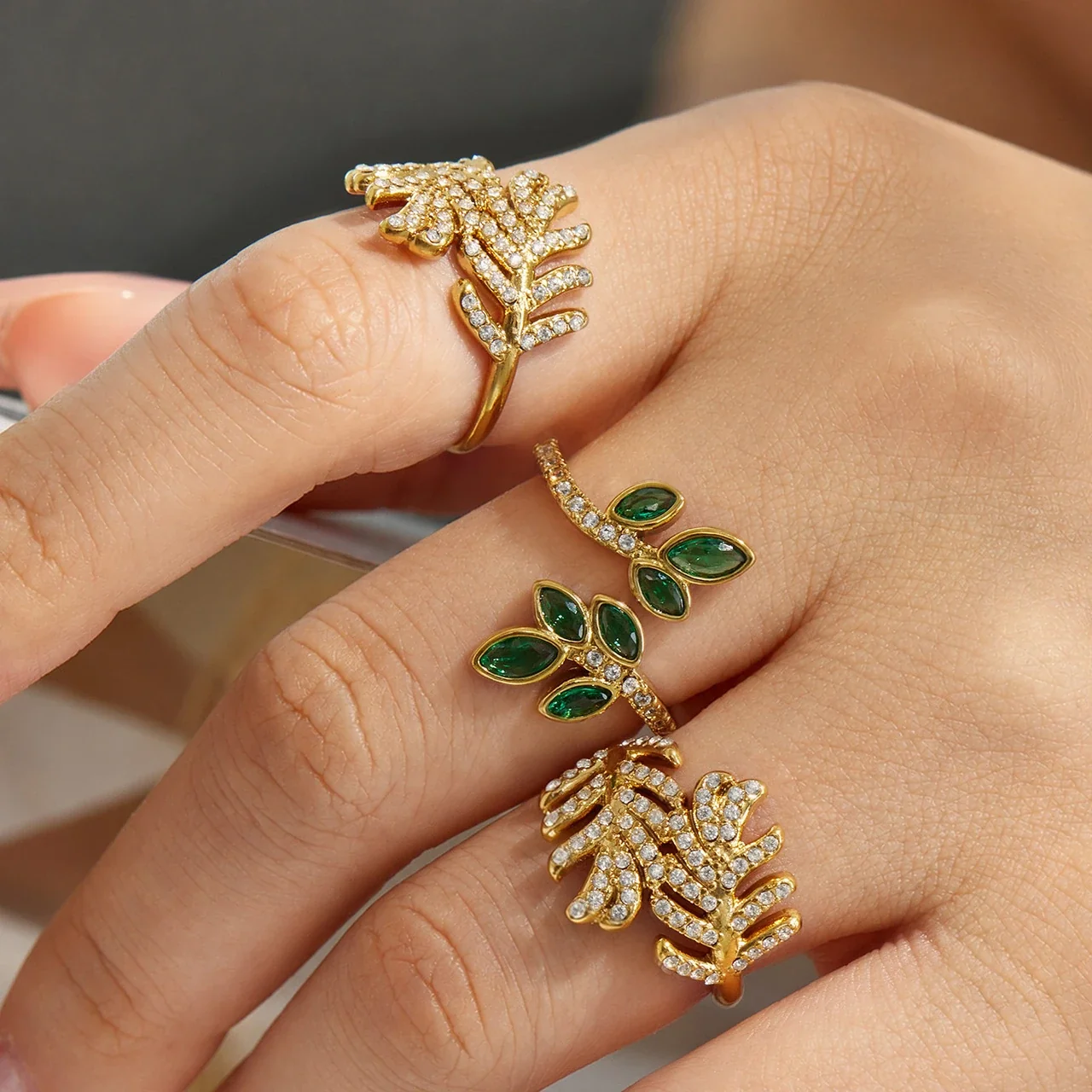 Leaf Open-Front CZ Ring in 18K Gold-Plated 316 Stainless Steel