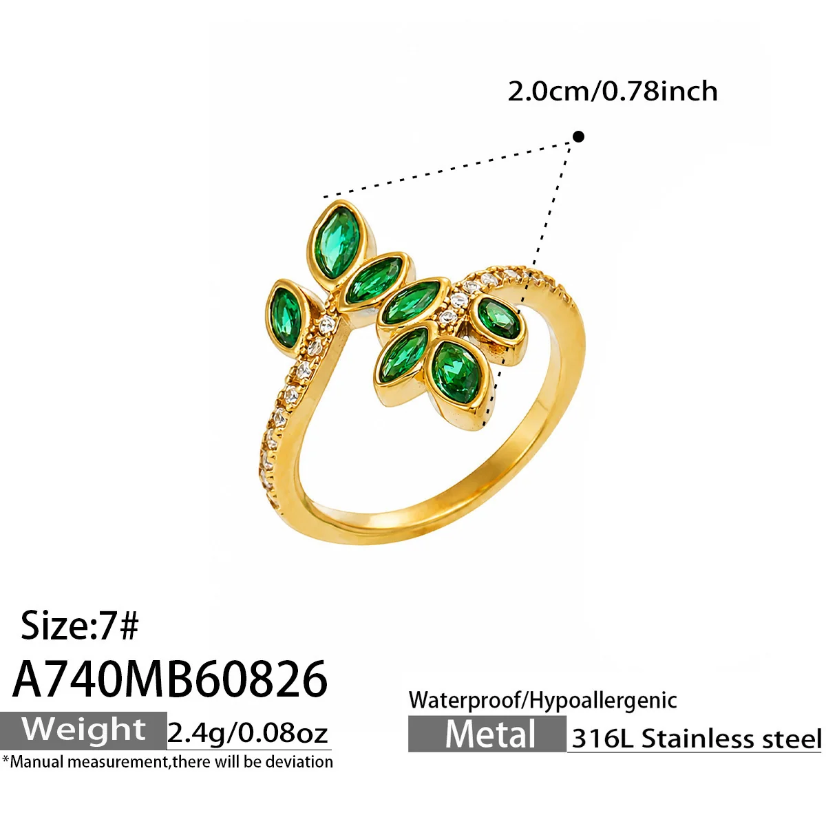 Leaf Open-Front CZ Ring in 18K Gold-Plated 316 Stainless Steel - Dimensions