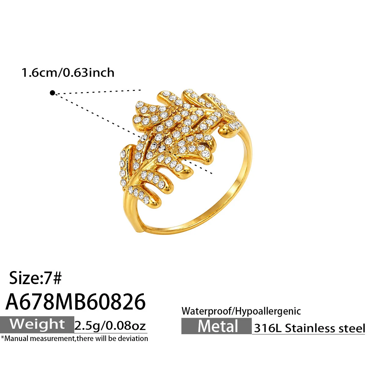 Leaf Open-Front CZ Ring in 18K Gold-Plated 316 Stainless Steel - Dimensions
