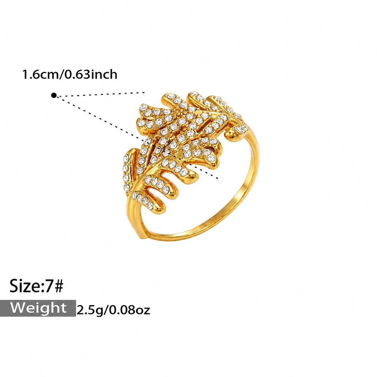 Leaf Open-Front CZ Ring in 18K Gold-Plated 316 Stainless Steel - Gold