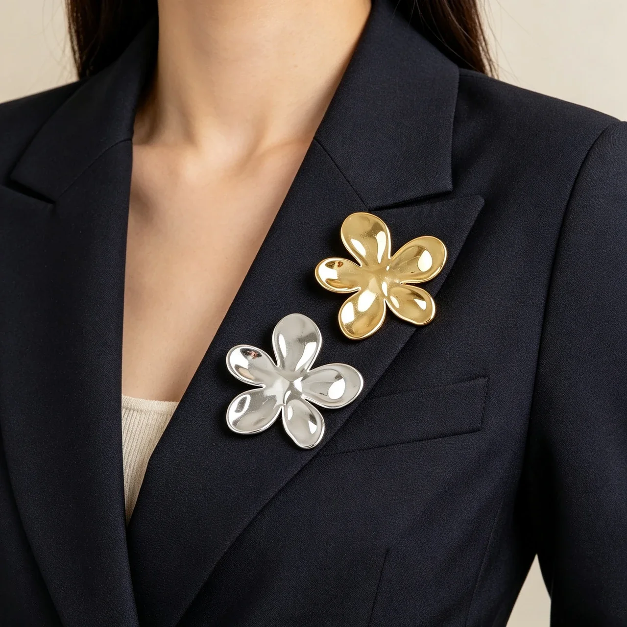 Flower Brooch with Five Domed Petals in Stainless Steel