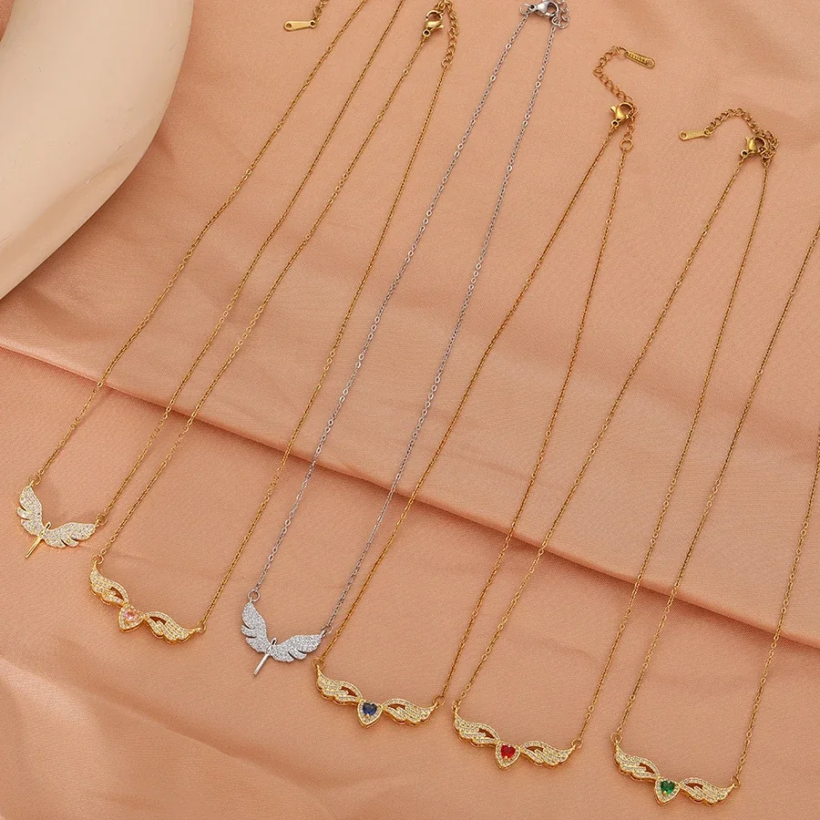 Winged Heart Necklace with Pave Crystals, Gold-Plated Steel