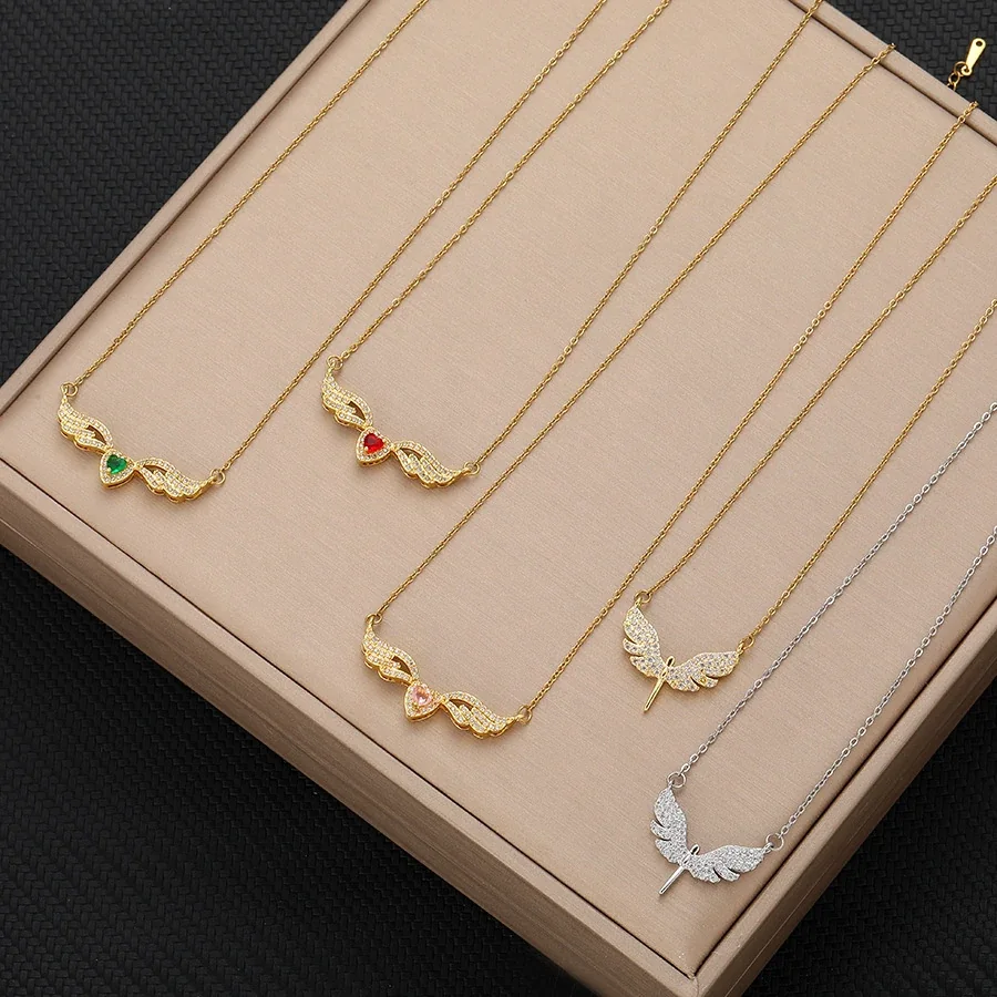Winged Heart Necklace with Pave Crystals, Gold-Plated Steel