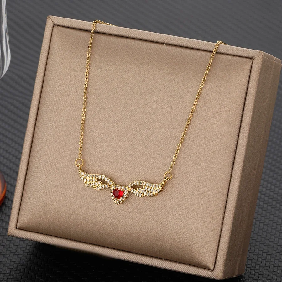 Winged Heart Necklace with Pave Crystals, Gold-Plated Steel