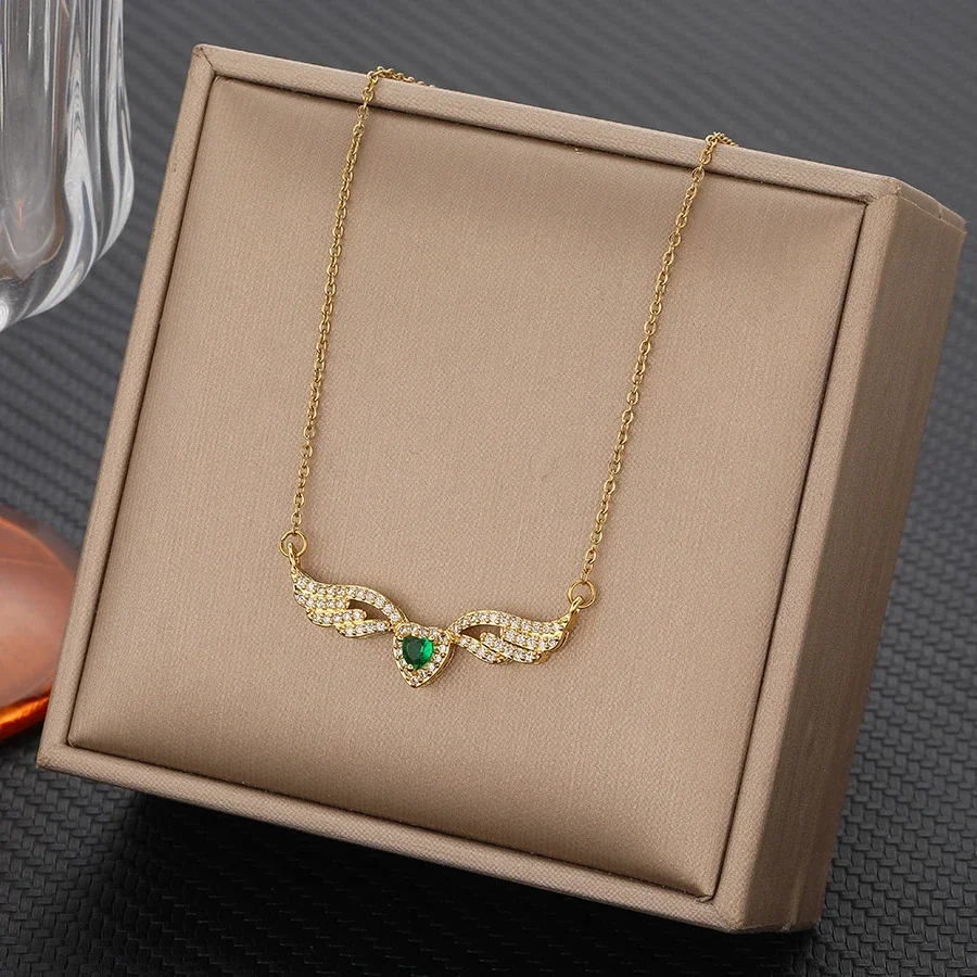 Winged Heart Necklace with Pave Crystals, Gold-Plated Steel