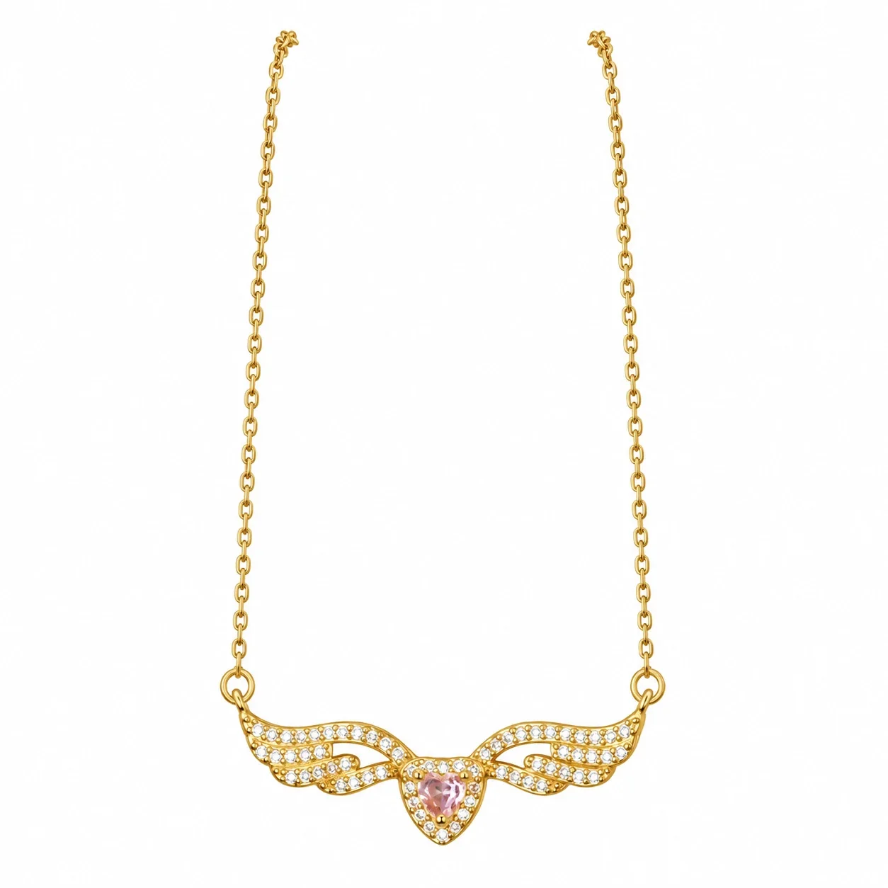 Winged Heart Necklace with Pave Crystals, Gold-Plated Steel - Style Pink