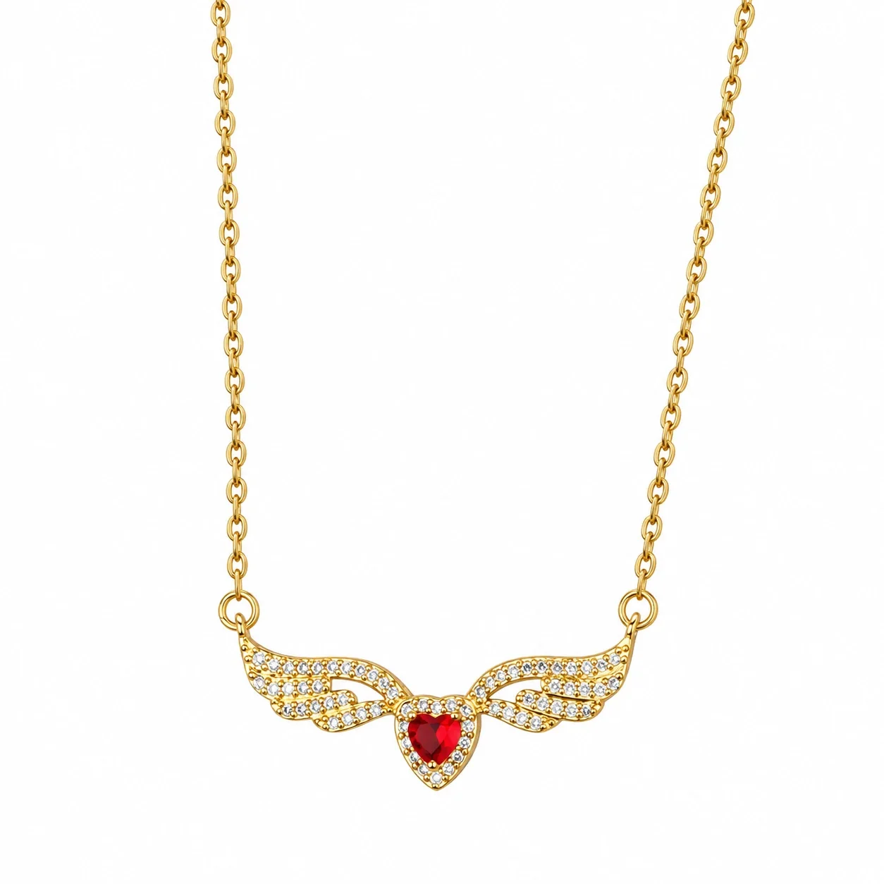 Winged Heart Necklace with Pave Crystals, Gold-Plated Steel - Style Red