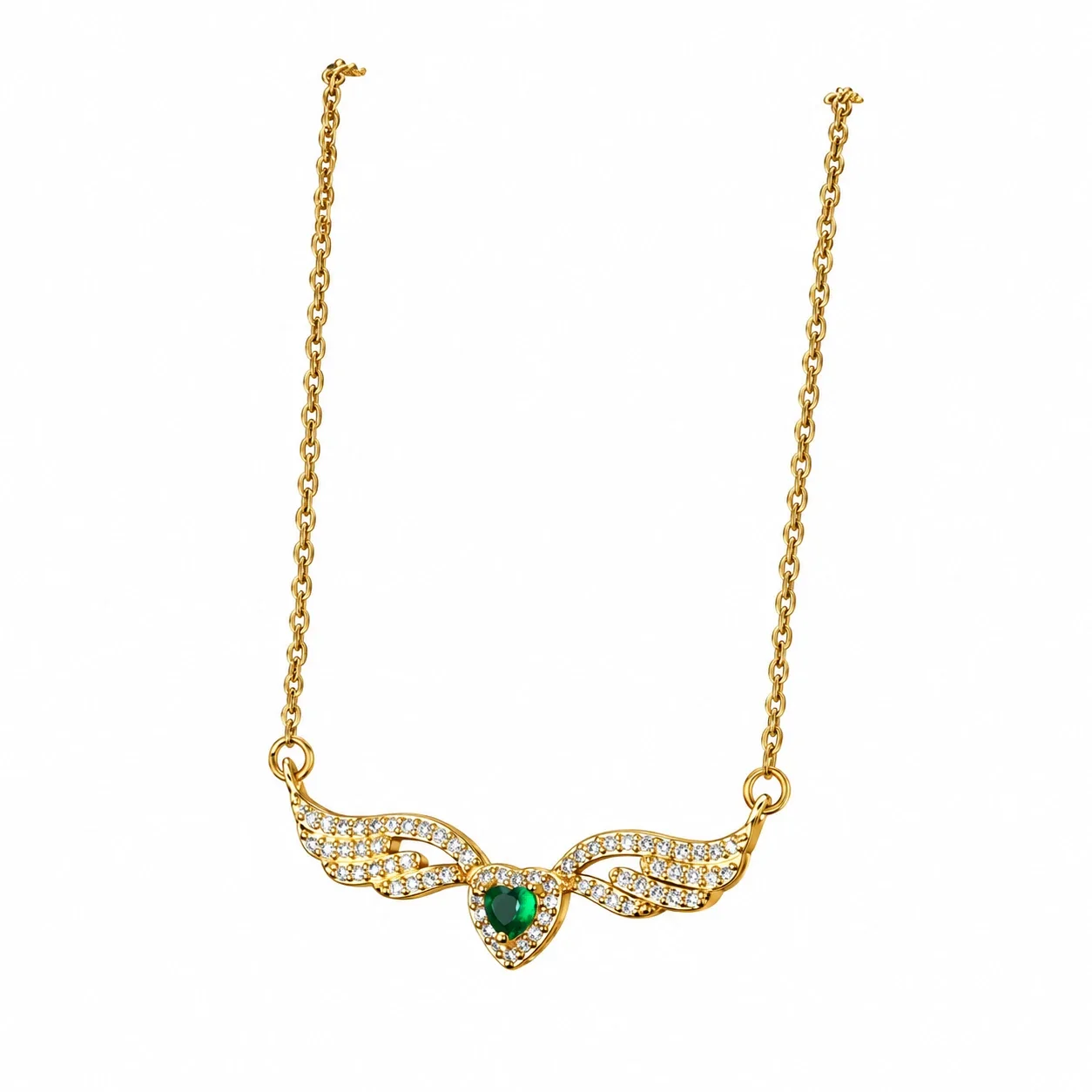 Winged Heart Necklace with Pave Crystals, Gold-Plated Steel - Style Green
