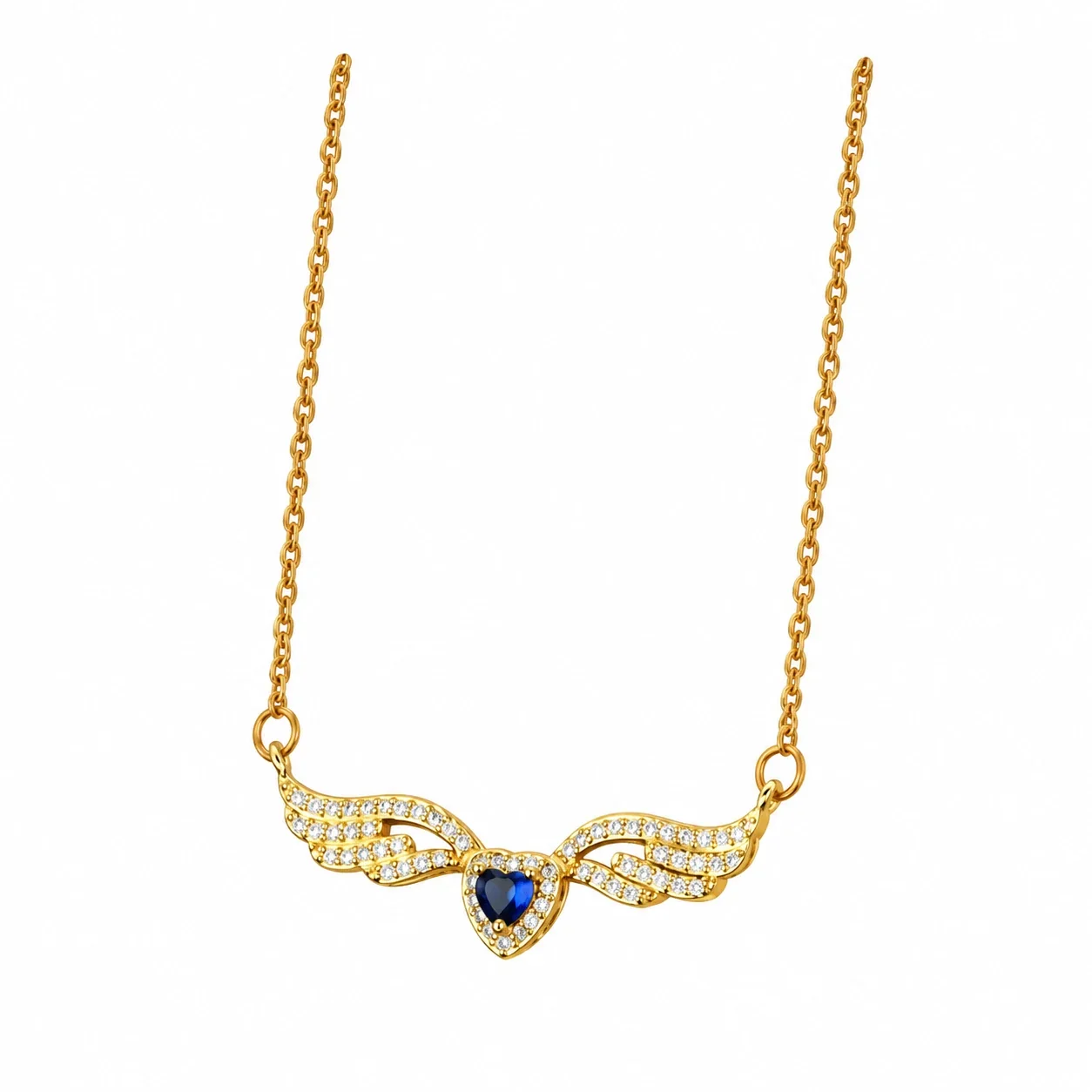 Winged Heart Necklace with Pave Crystals, Gold-Plated Steel - Style Blue