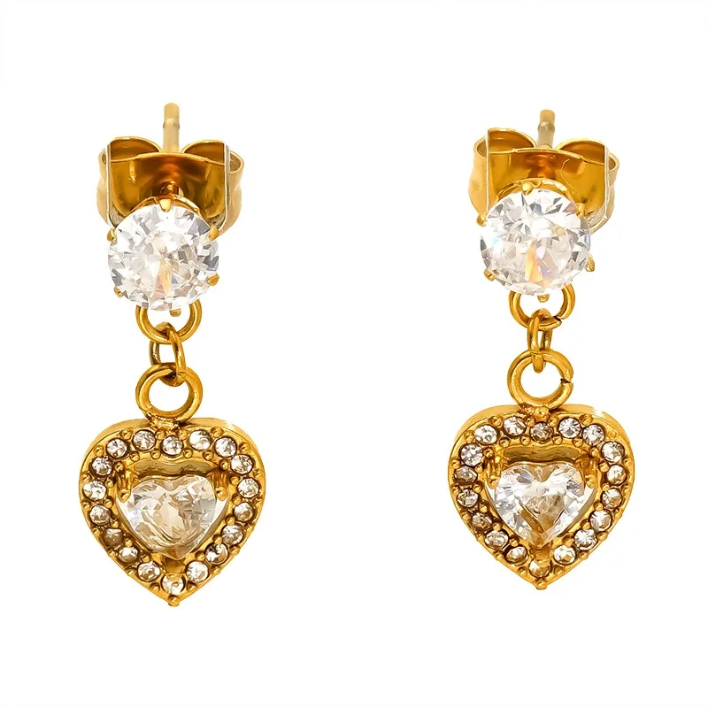 Romantic Gold-Tone Heart Crystal Drop Earrings