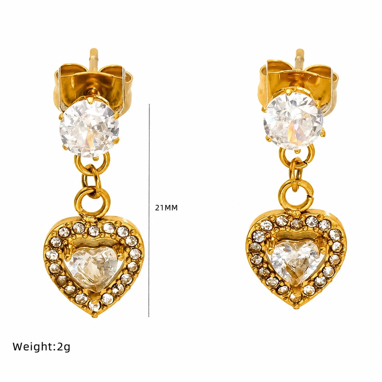Romantic Gold-Tone Heart Crystal Drop Earrings - White Heart