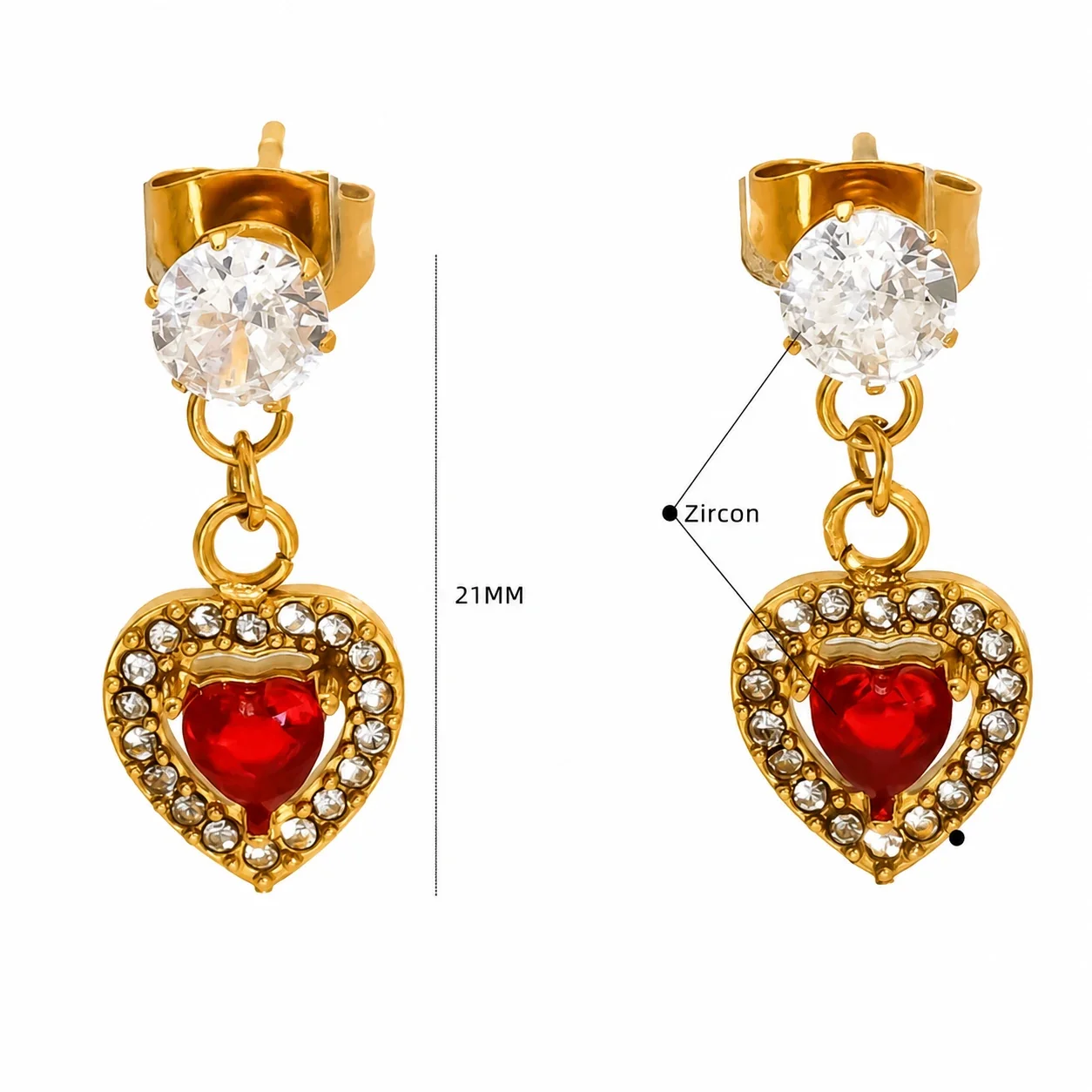 Romantic Gold-Tone Heart Crystal Drop Earrings - Red Heart