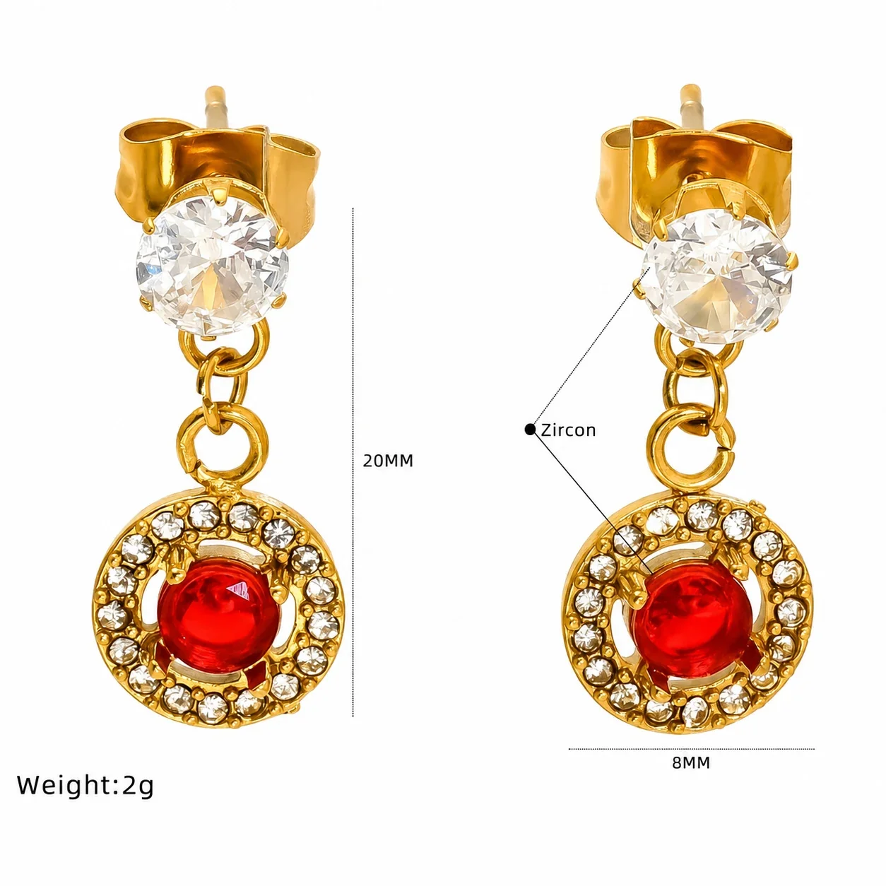 Romantic Gold-Tone Heart Crystal Drop Earrings - Red Round