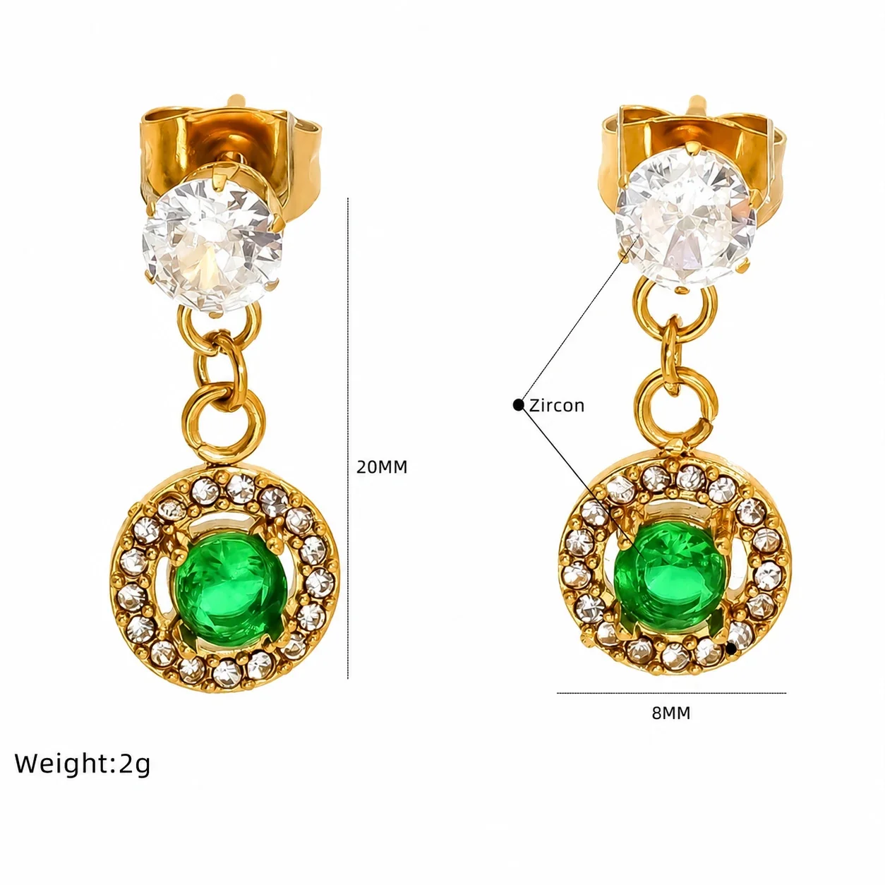 Romantic Gold-Tone Heart Crystal Drop Earrings - Green Round