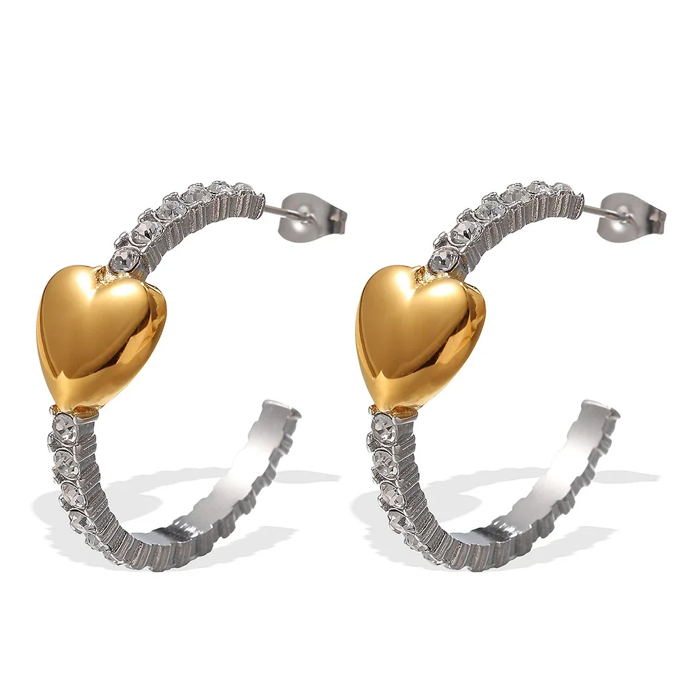Hoop Earrings with Gold-Plated Heart and Crystal Arc, Stainless Steel