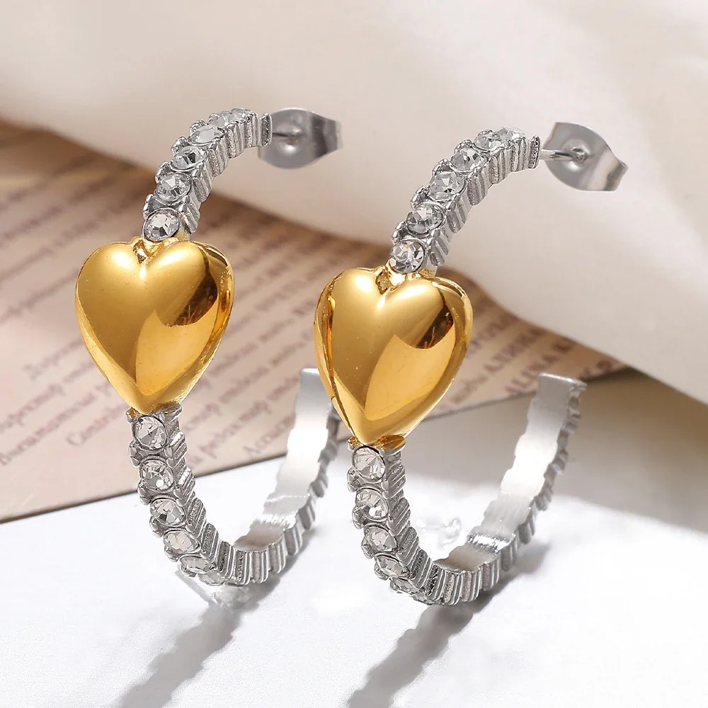 Hoop Earrings with Gold-Plated Heart and Crystal Arc, Stainless Steel