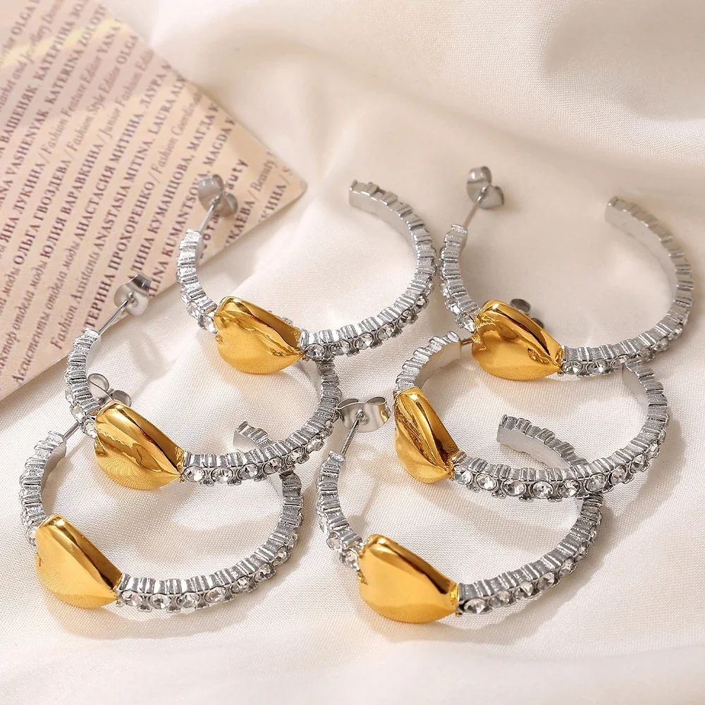 Hoop Earrings with Gold-Plated Heart and Crystal Arc, Stainless Steel