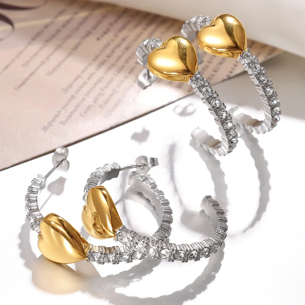Hoop Earrings with Gold-Plated Heart and Crystal Arc, Stainless Steel